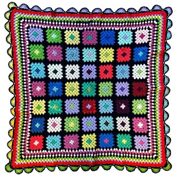 None Other - Vintage Granny Square Afghan Crochet Roseanne Handmade Throw Lap Blanket 4ftx4ft